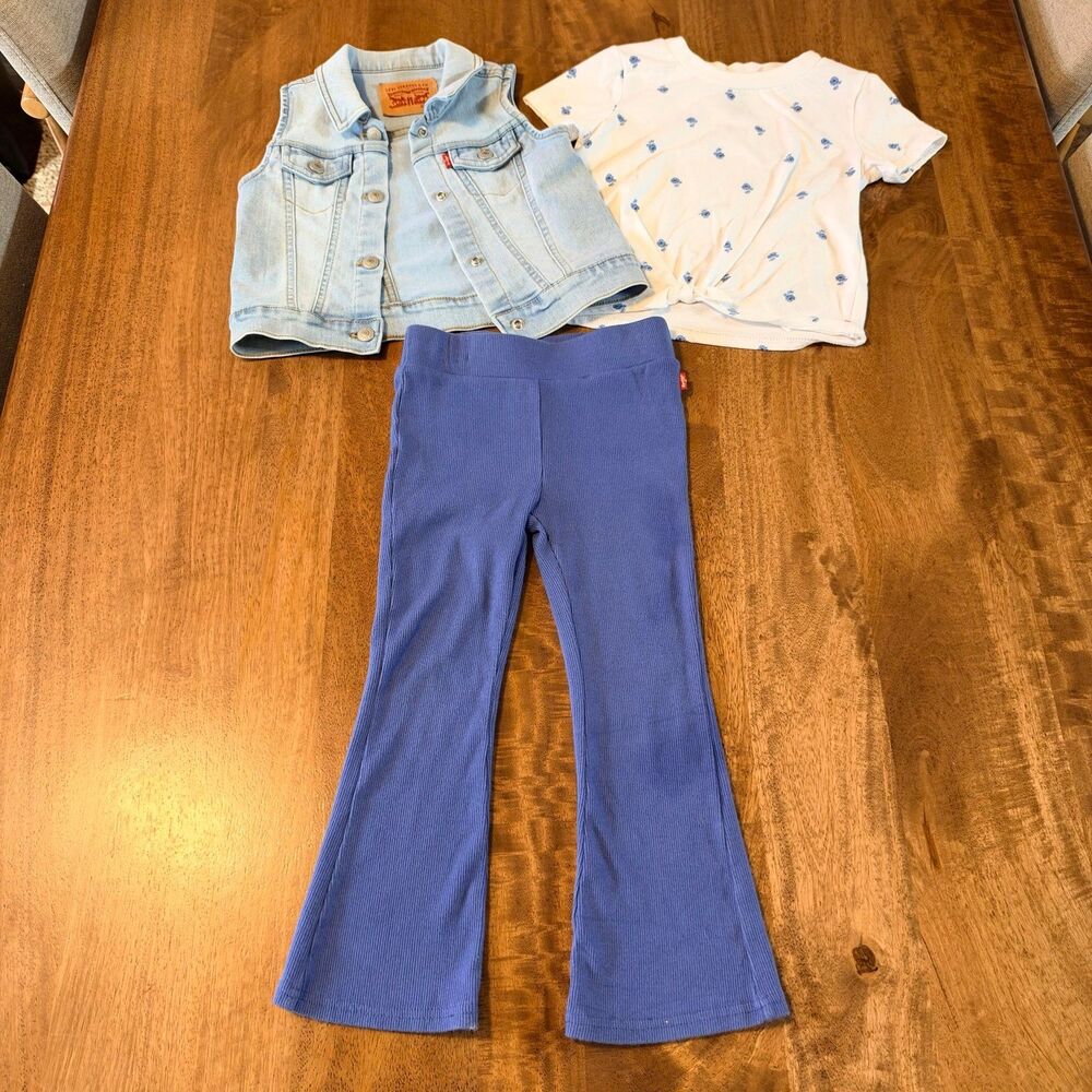 Levi’s Girls 4T 3-Piece Denim Vest Floral Top & Flare Pants Set